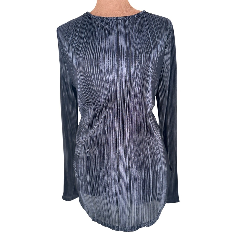 Inner Beauty Metallic Pleated Blouse Women's L Black Shimmer Stretch Top NWOT‎